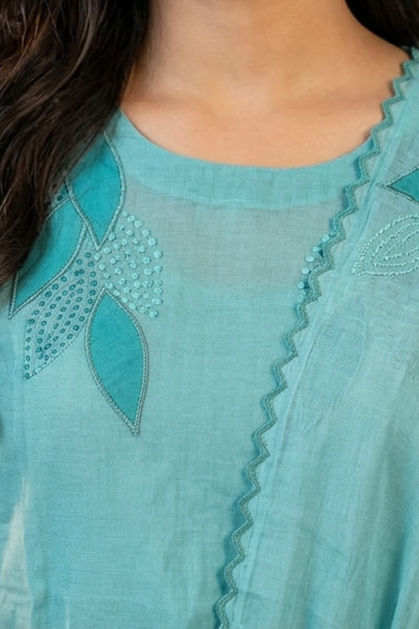 Sky Blue Chanderi Patch & Thread Work Kurta Set with Chanderi Dupatta