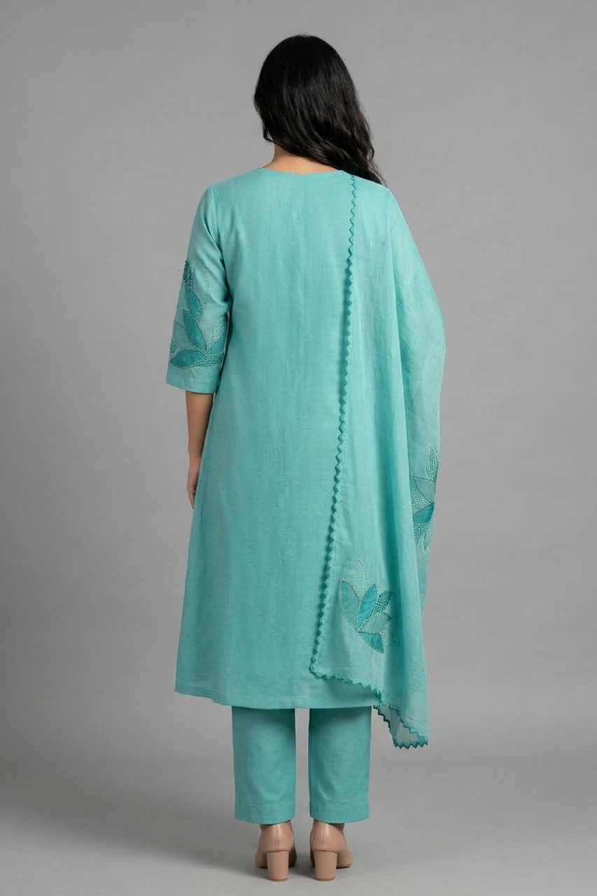 Sky Blue Chanderi Patch & Thread Work Kurta Set with Chanderi Dupatta