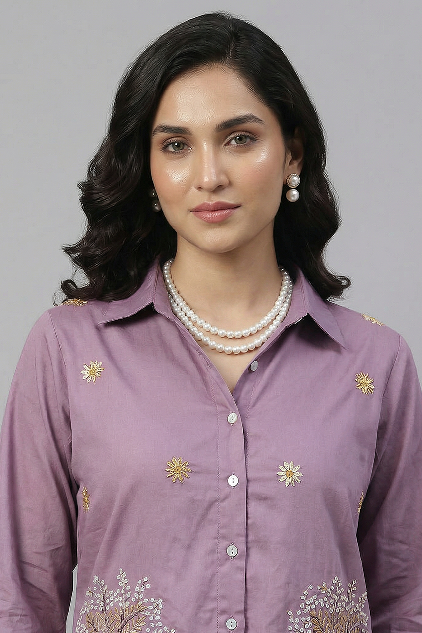 Purple Cotton Silk Knot-Work Coord Set