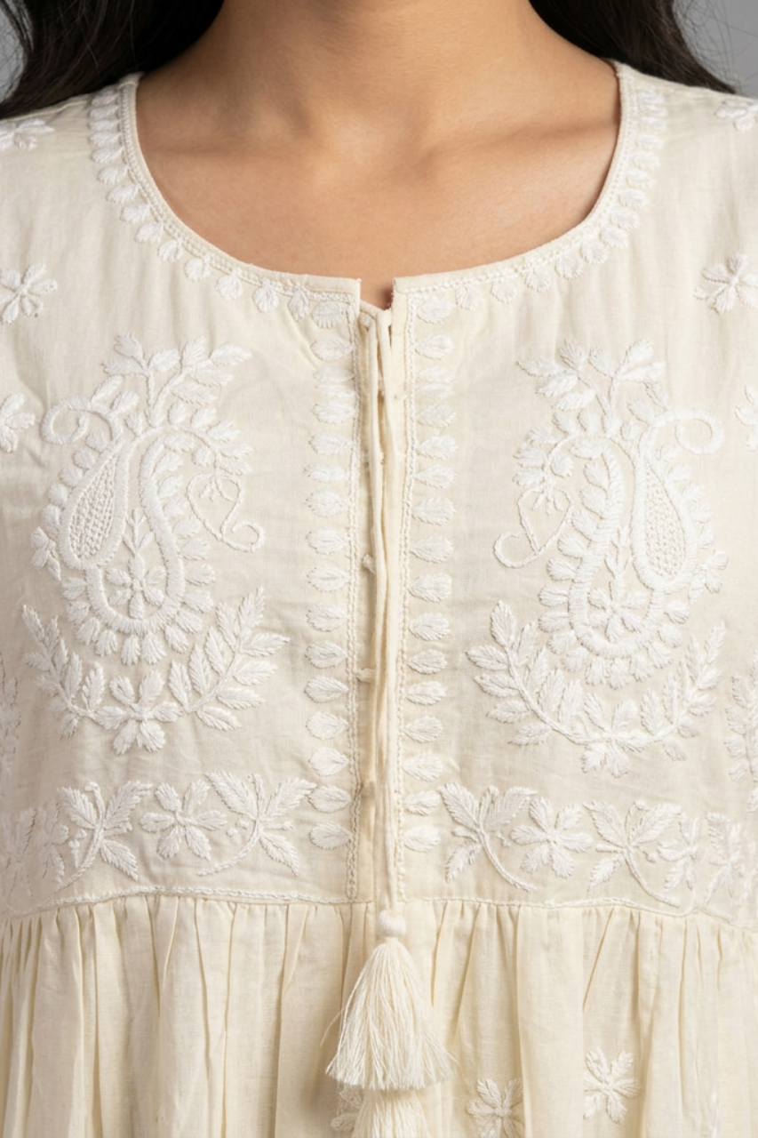 Elegant  Chikankari Cotton Flared Suit Set