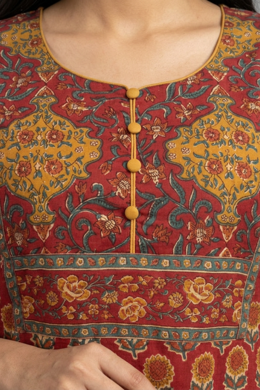 Elegant Red Printed Cotton Suit with Afghan Salwar