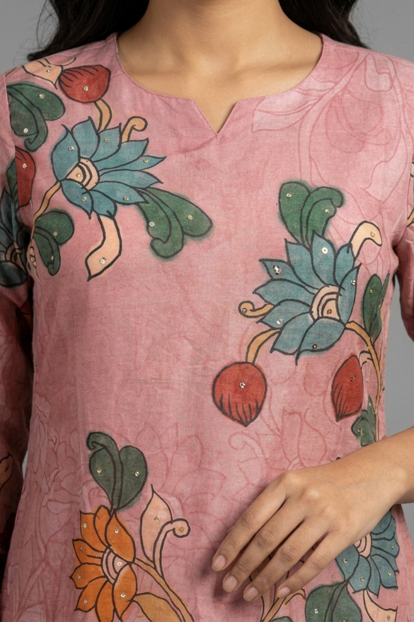 Elegant Light Onion Cotton Suit Set with Hand Print Design