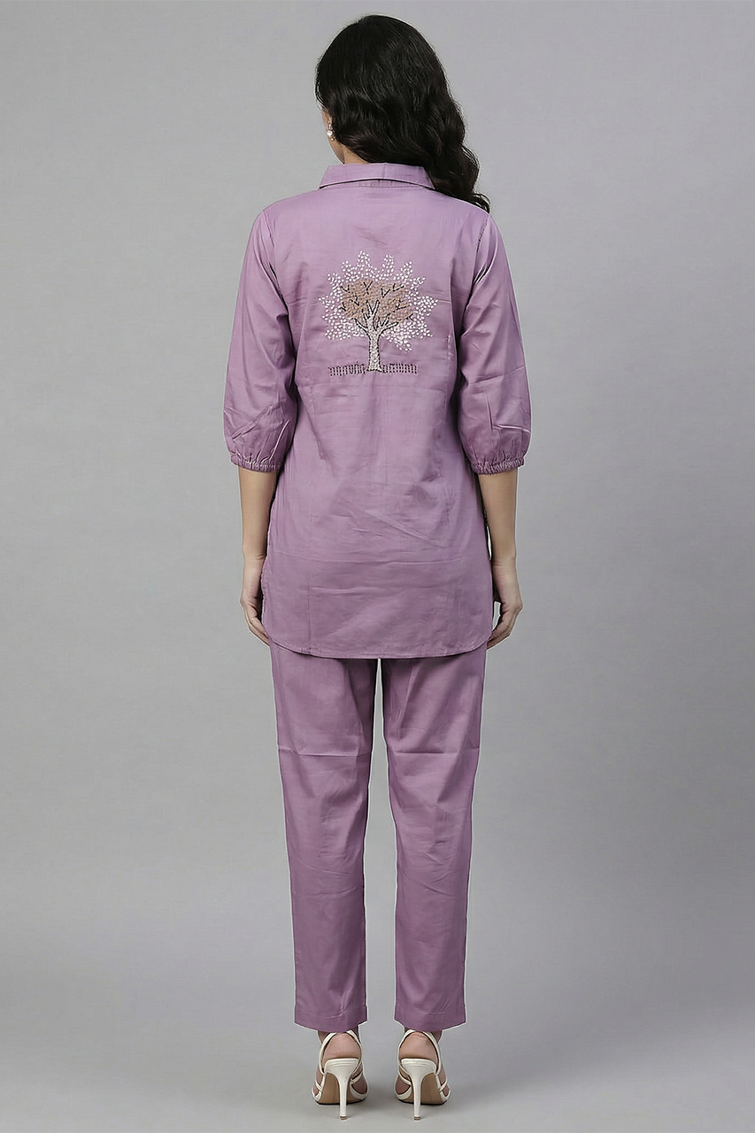 Purple Cotton Silk Knot-Work Coord Set