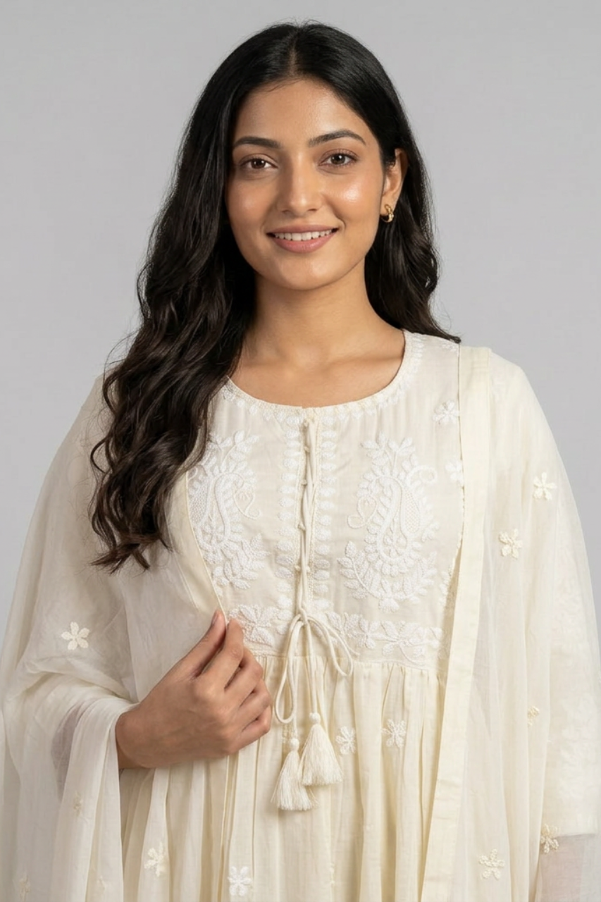Elegant  Chikankari Cotton Flared Suit Set