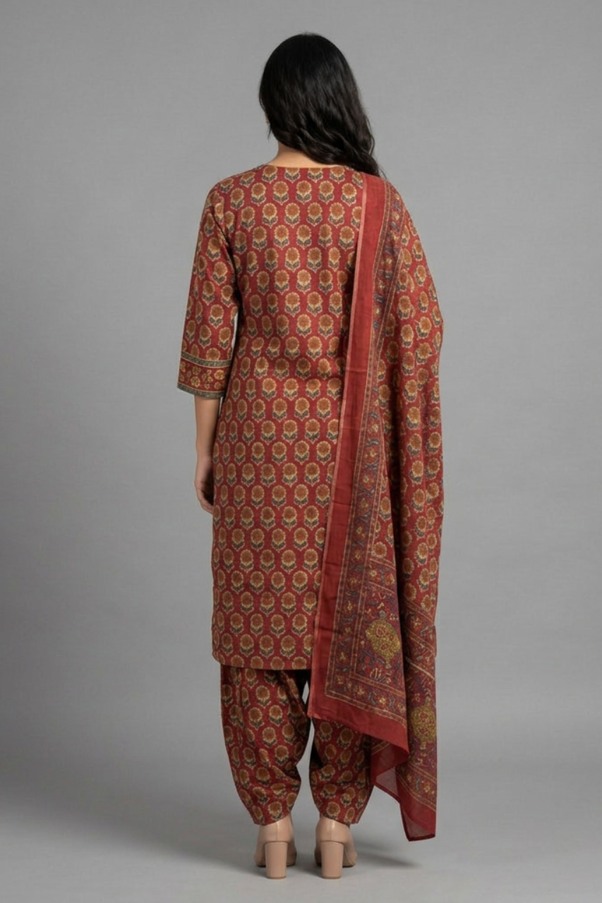 Elegant Red Printed Cotton Suit with Afghan Salwar