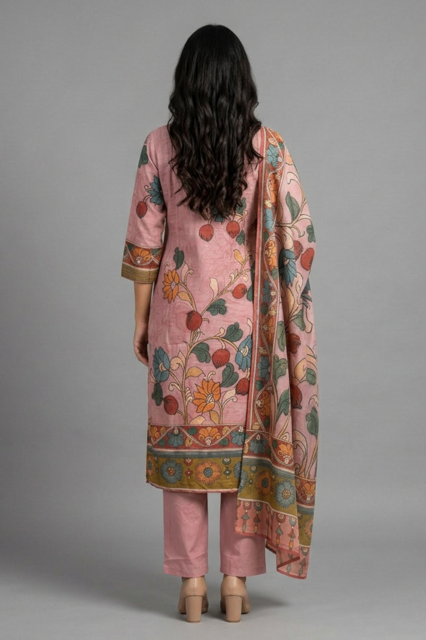 Elegant Light Onion Cotton Suit Set with Hand Print Design