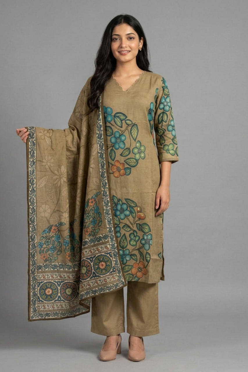 Elegant Hand-Printed Cotton Suit Set with Scalloped Neckline