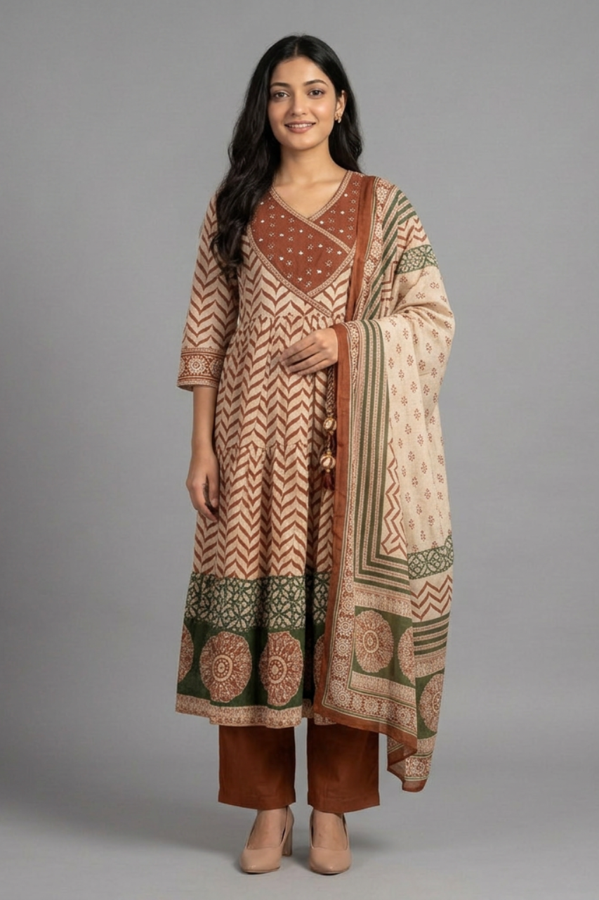 Elegant Pure Cotton Zigzag Print Suit Set