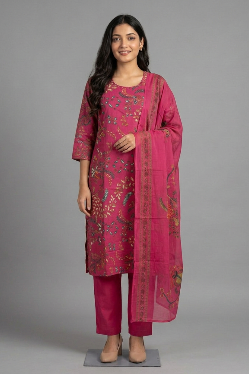 Pink Cotton Printed Suit with Dupatta