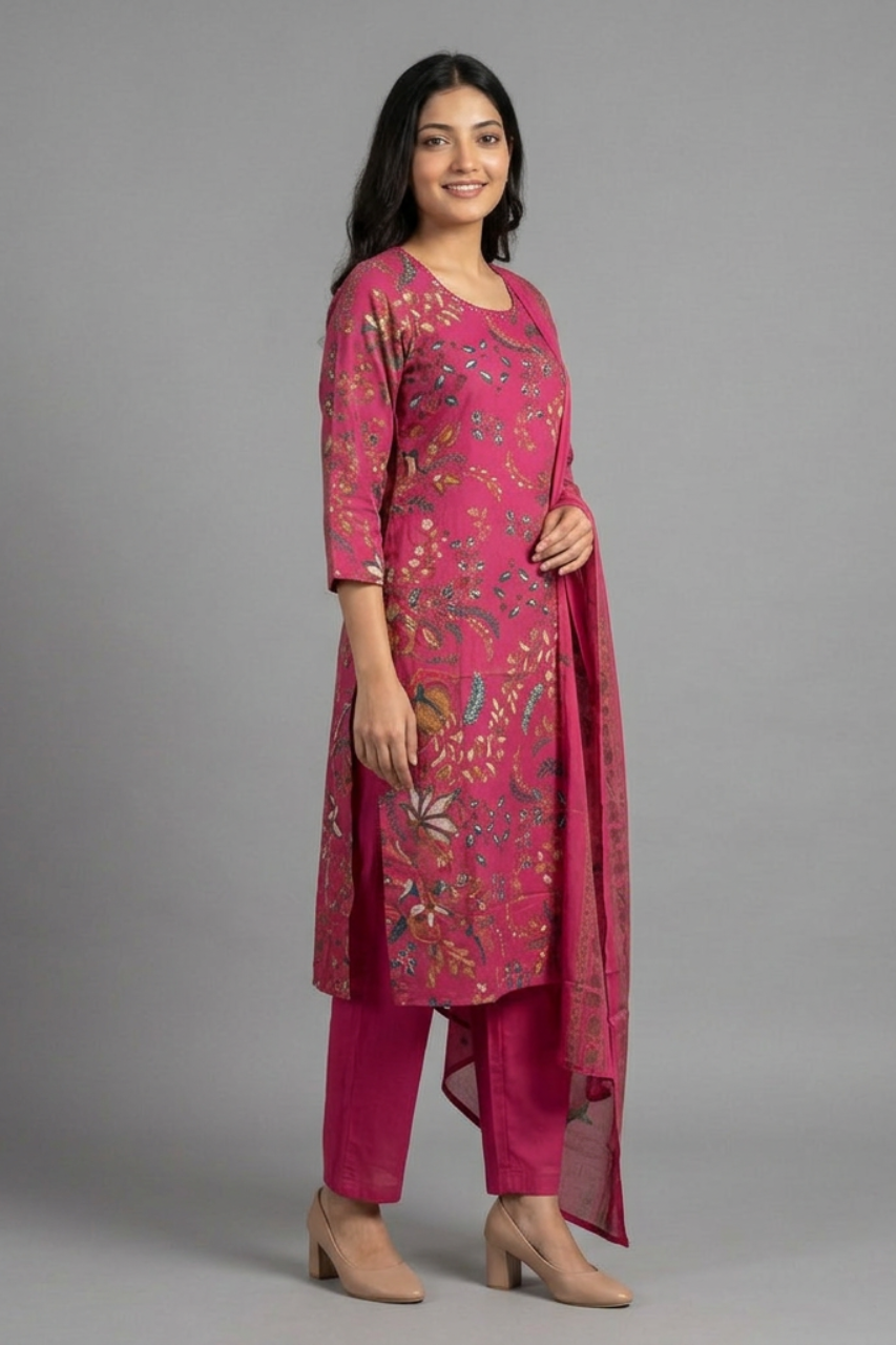 Pink Cotton Printed Suit with Dupatta