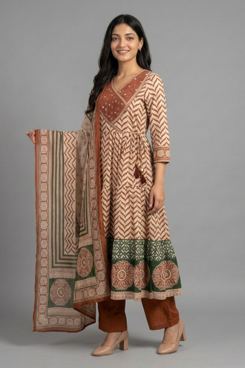 Elegant Pure Cotton Zigzag Print Suit Set