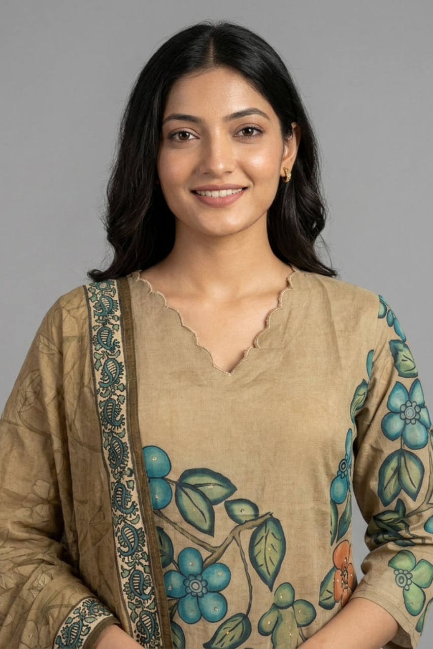 Elegant Hand-Printed Cotton Suit Set with Scalloped Neckline
