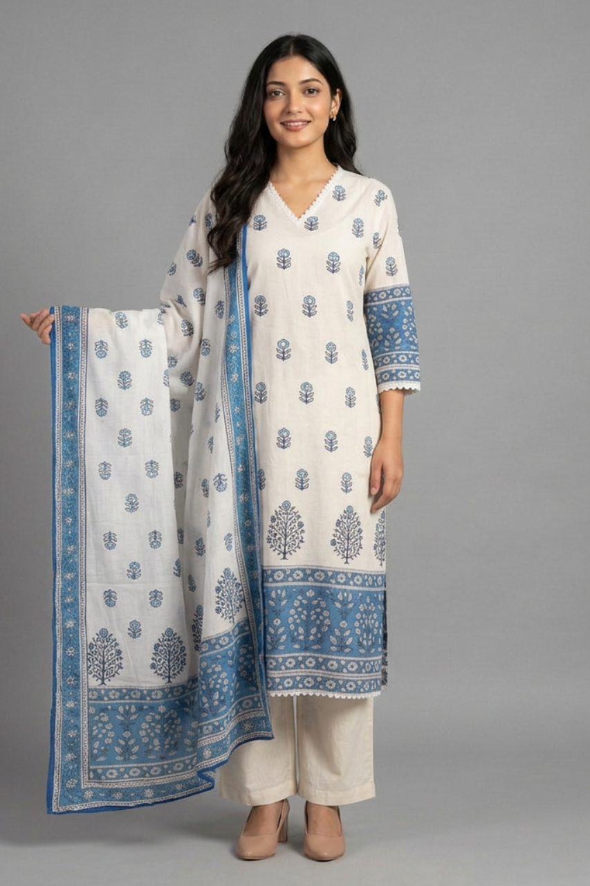 Elegant White & Blue Pure Cotton Suit Set