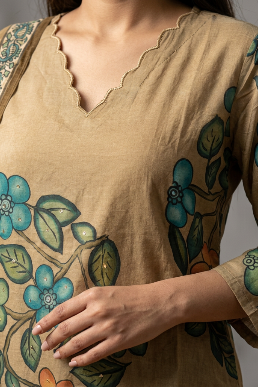 Elegant Hand-Printed Cotton Suit Set with Scalloped Neckline