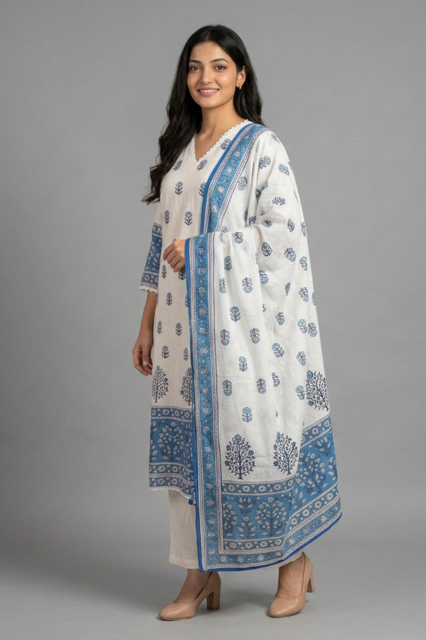 Elegant White & Blue Pure Cotton Suit Set