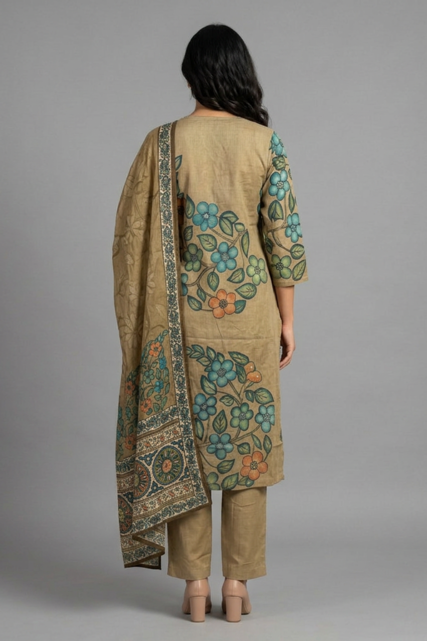 Elegant Hand-Printed Cotton Suit Set with Scalloped Neckline