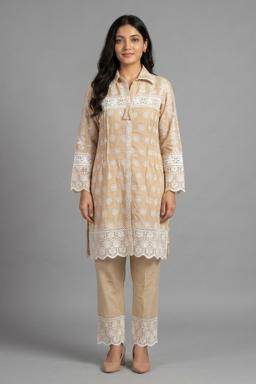 Pure Cotton Short Kurti & Pant Set with Crochet Work