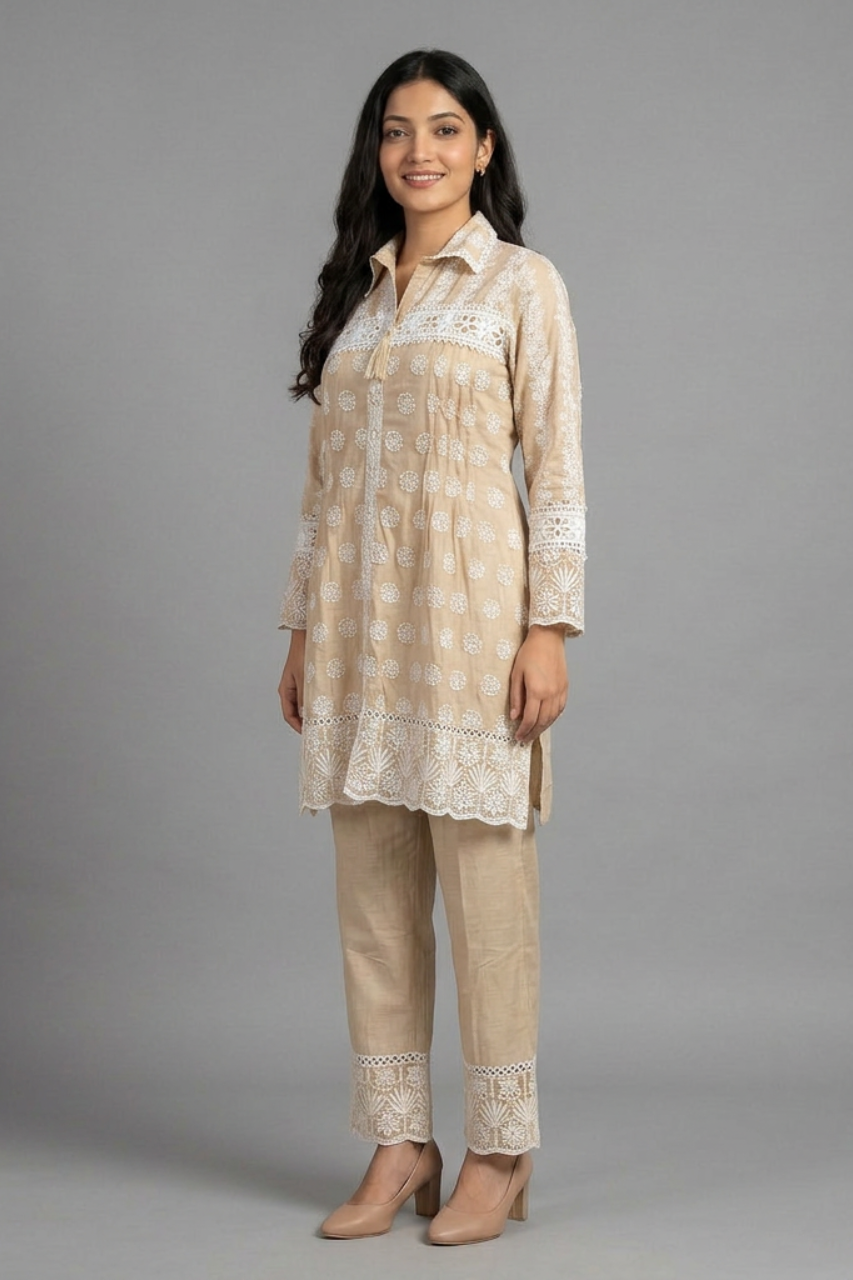 Pure Cotton Short Kurti & Pant Set with Crochet Work