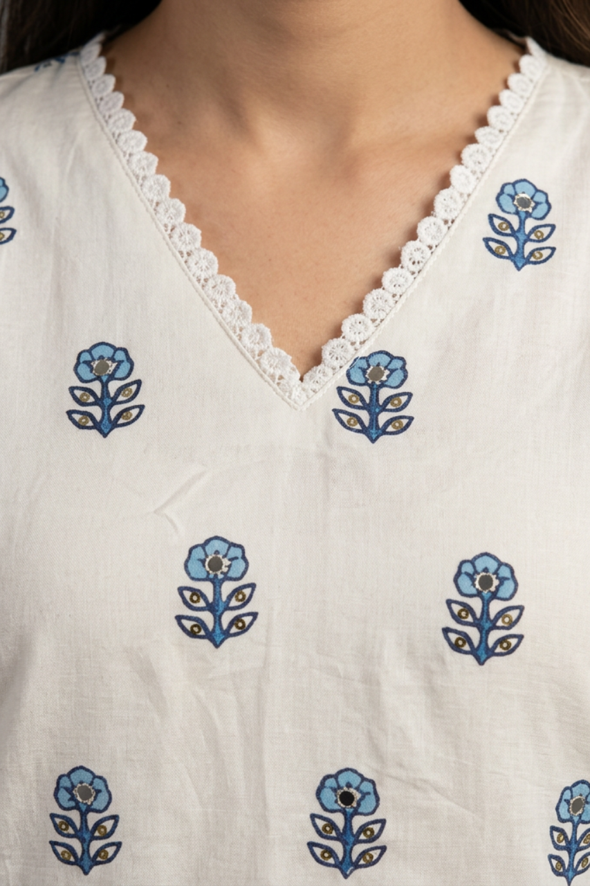 Elegant White & Blue Pure Cotton Suit Set