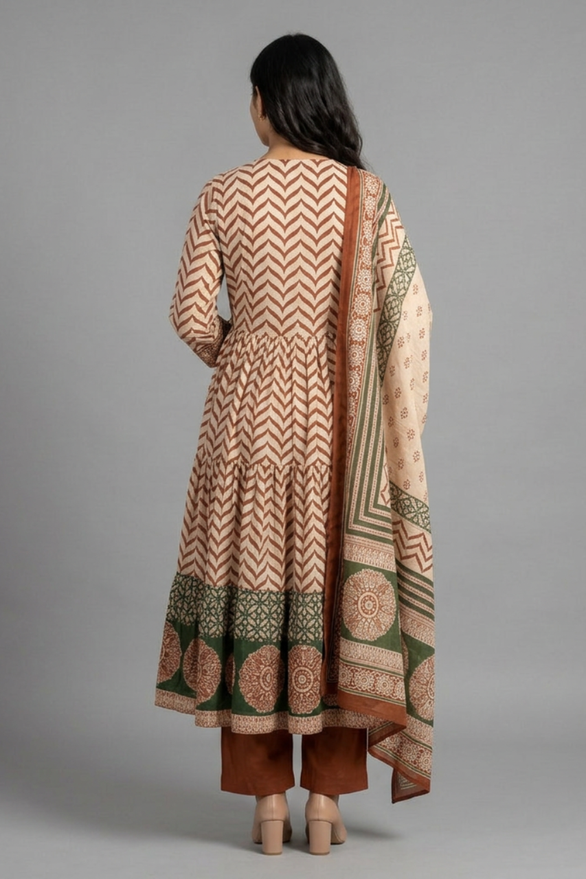 Elegant Pure Cotton Zigzag Print Suit Set