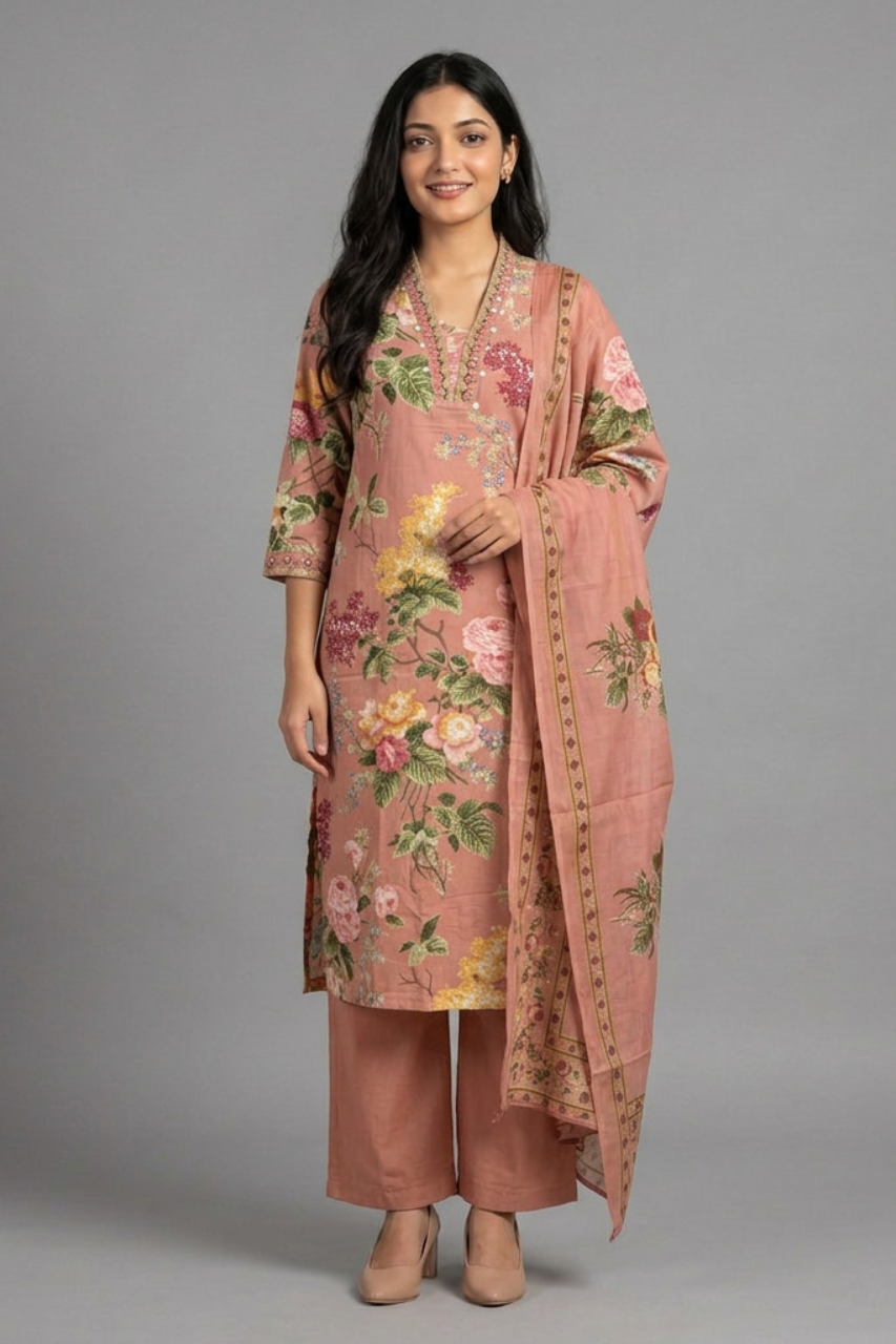 Dusty Rose Floral Cotton Kurta Set