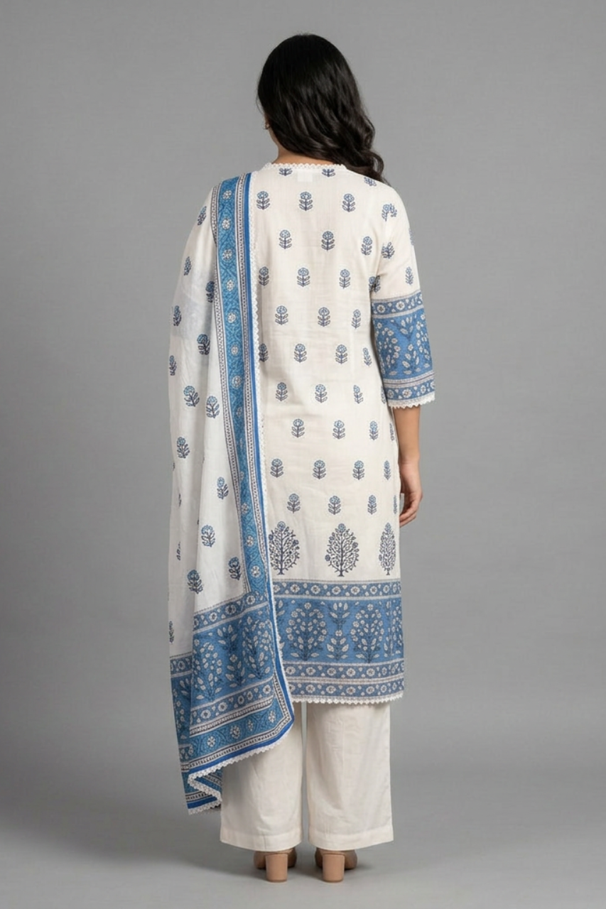 Elegant White & Blue Pure Cotton Suit Set