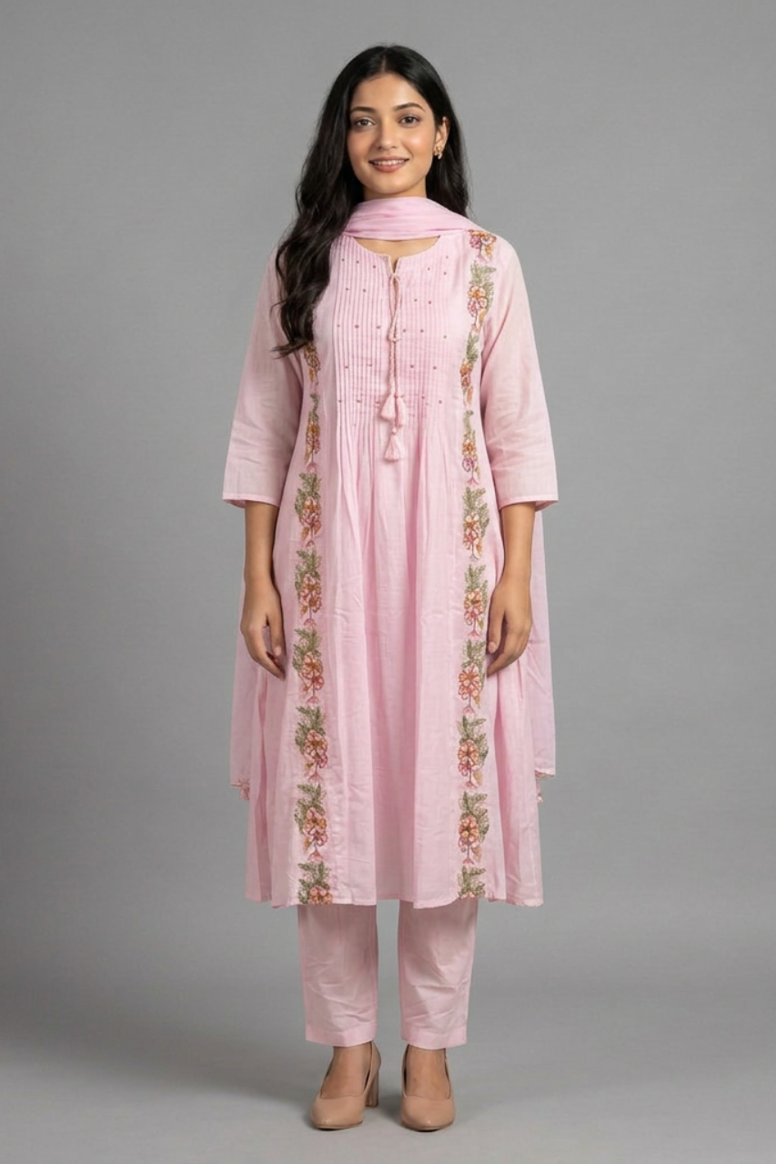 Elegant Baby Pink A-Line Pintuck Cotton Suit