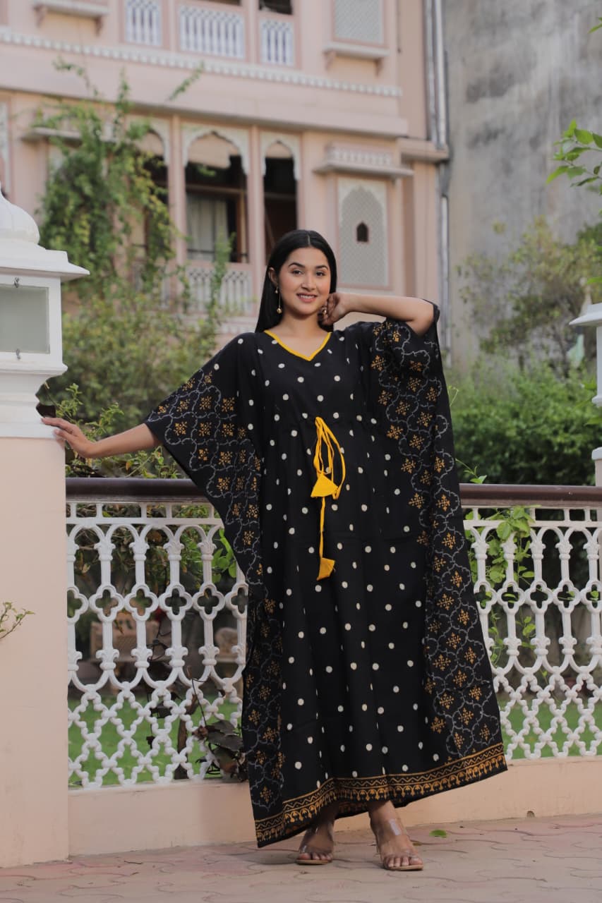 Black & Yellow Anarkali Kurta Set with Dupatta – Handblock Cotton