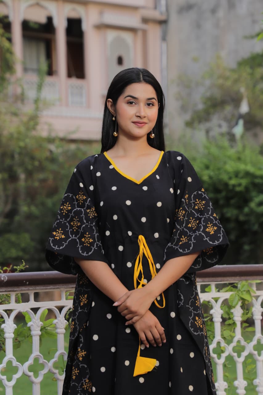 Black & Yellow Anarkali Kurta Set with Dupatta – Handblock Cotton