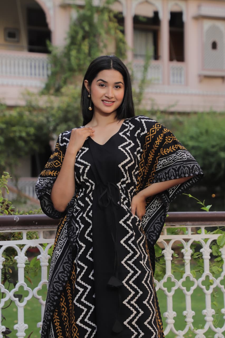 Black Zigzag Handblock Cotton Kaftan – Free Size Summer Wear
