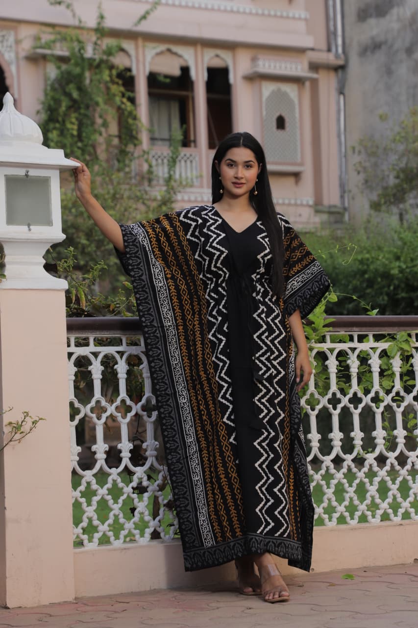 Black Zigzag Handblock Cotton Kaftan – Free Size Summer Wear