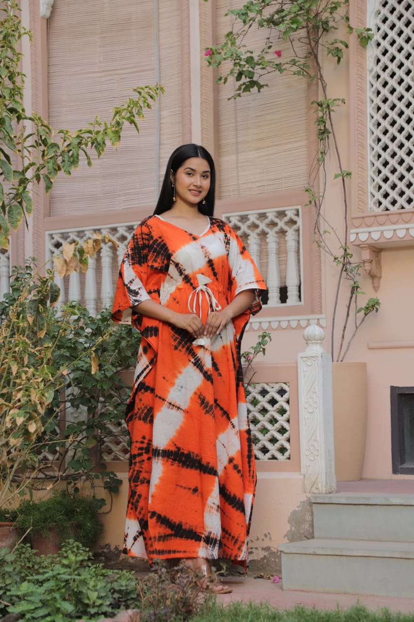 Orange Tie-Dye Cotton Kaftan – Handcrafted Summer Loungewear