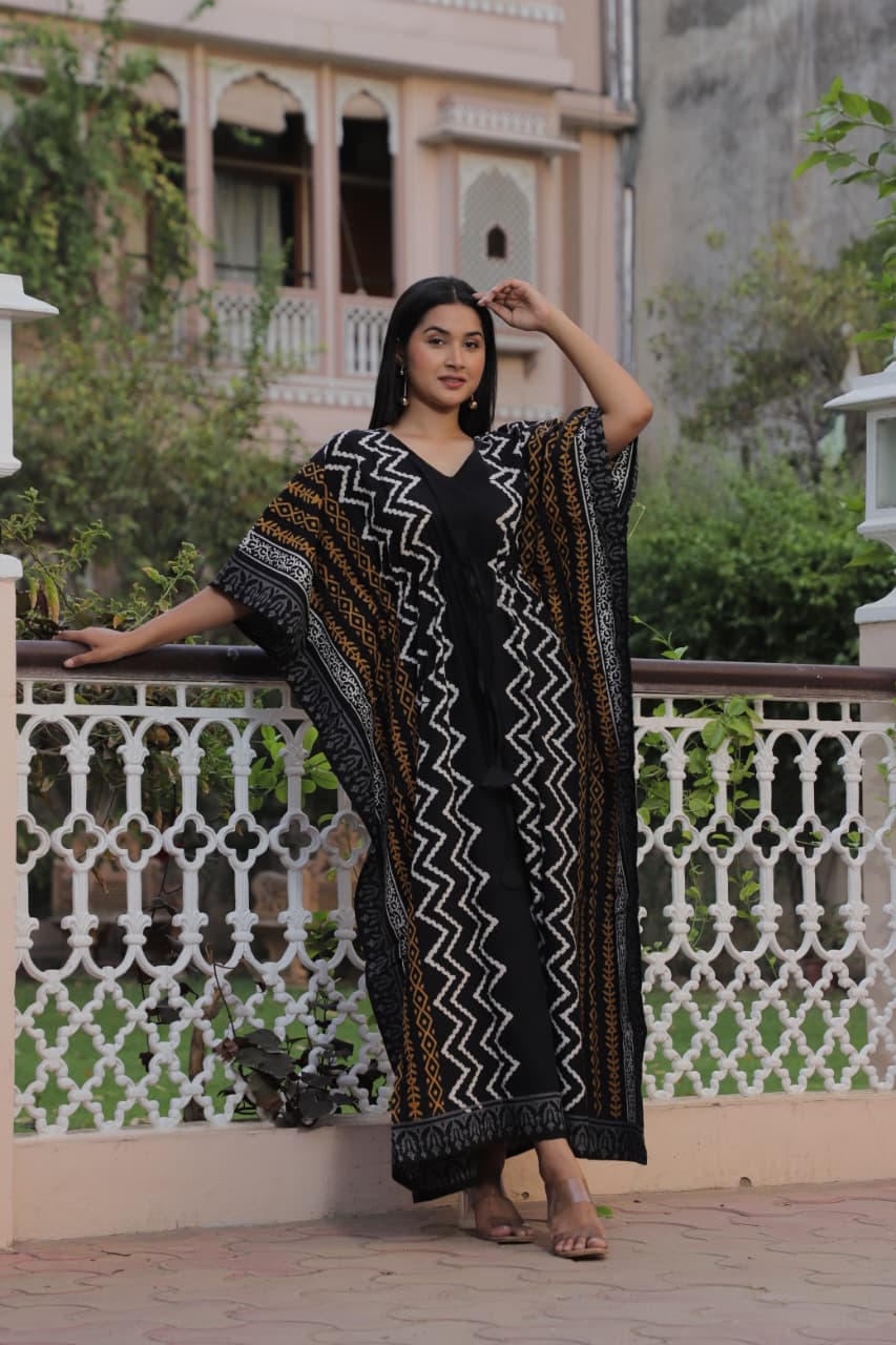 Black Zigzag Handblock Cotton Kaftan – Free Size Summer Wear