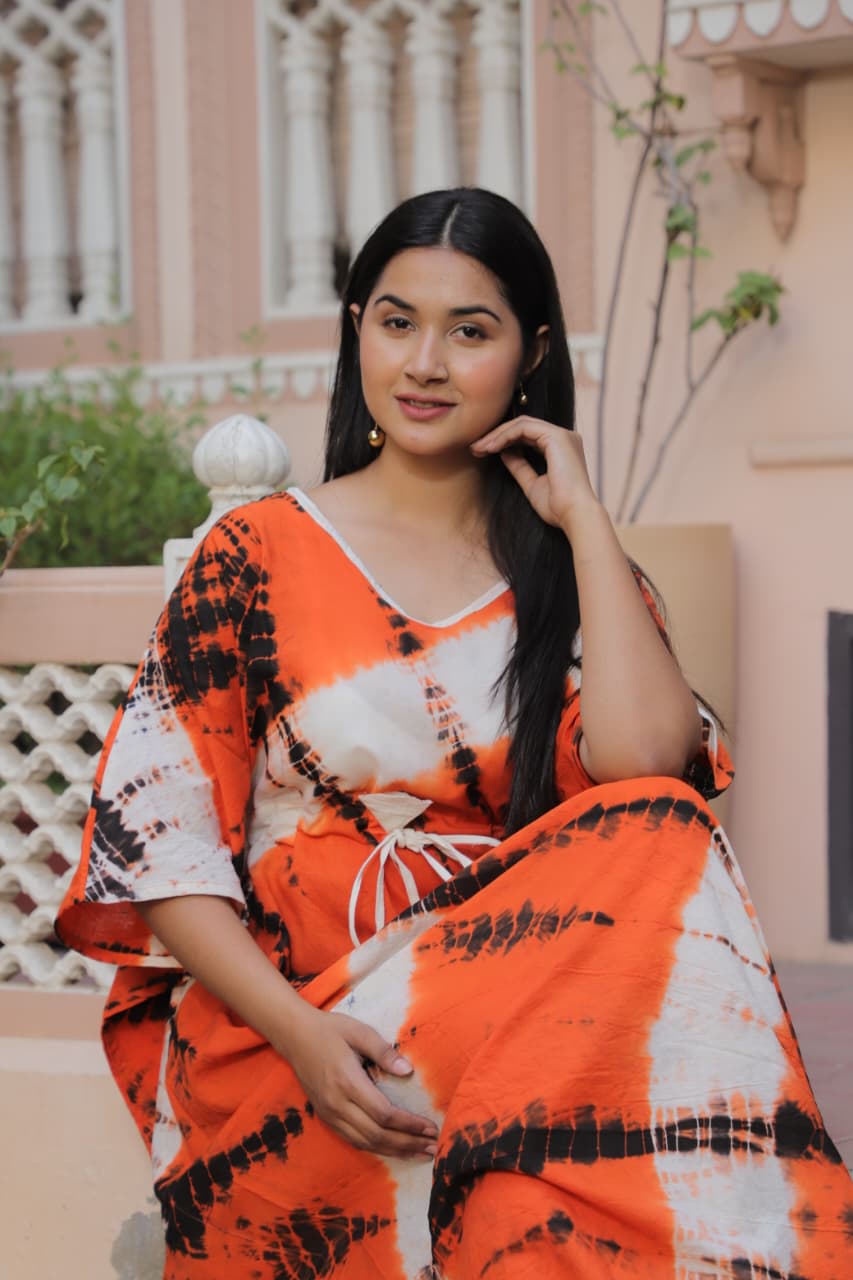 Orange Tie-Dye Cotton Kaftan – Handcrafted Summer Loungewear