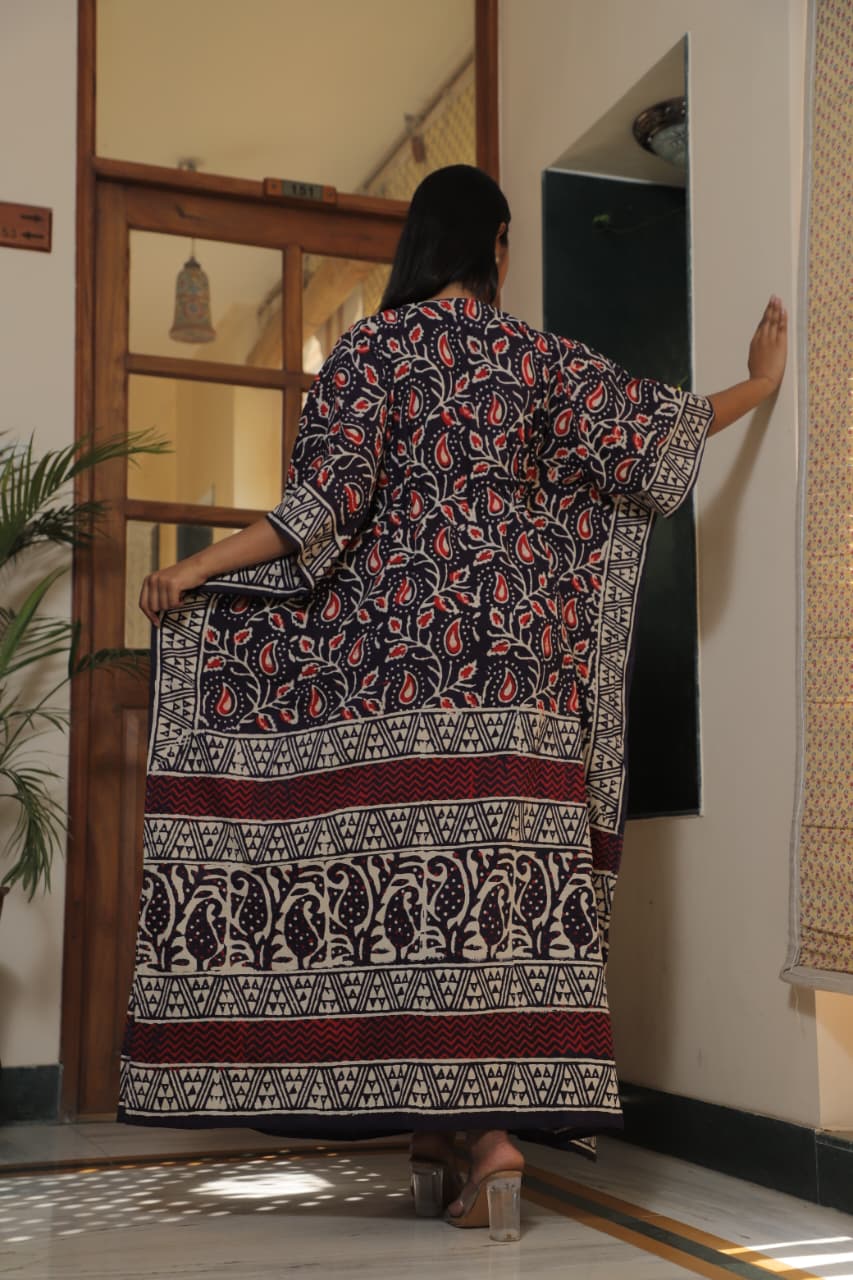 Red Paisley Handblock Cotton Kaftan – Ethnic Summer Wear