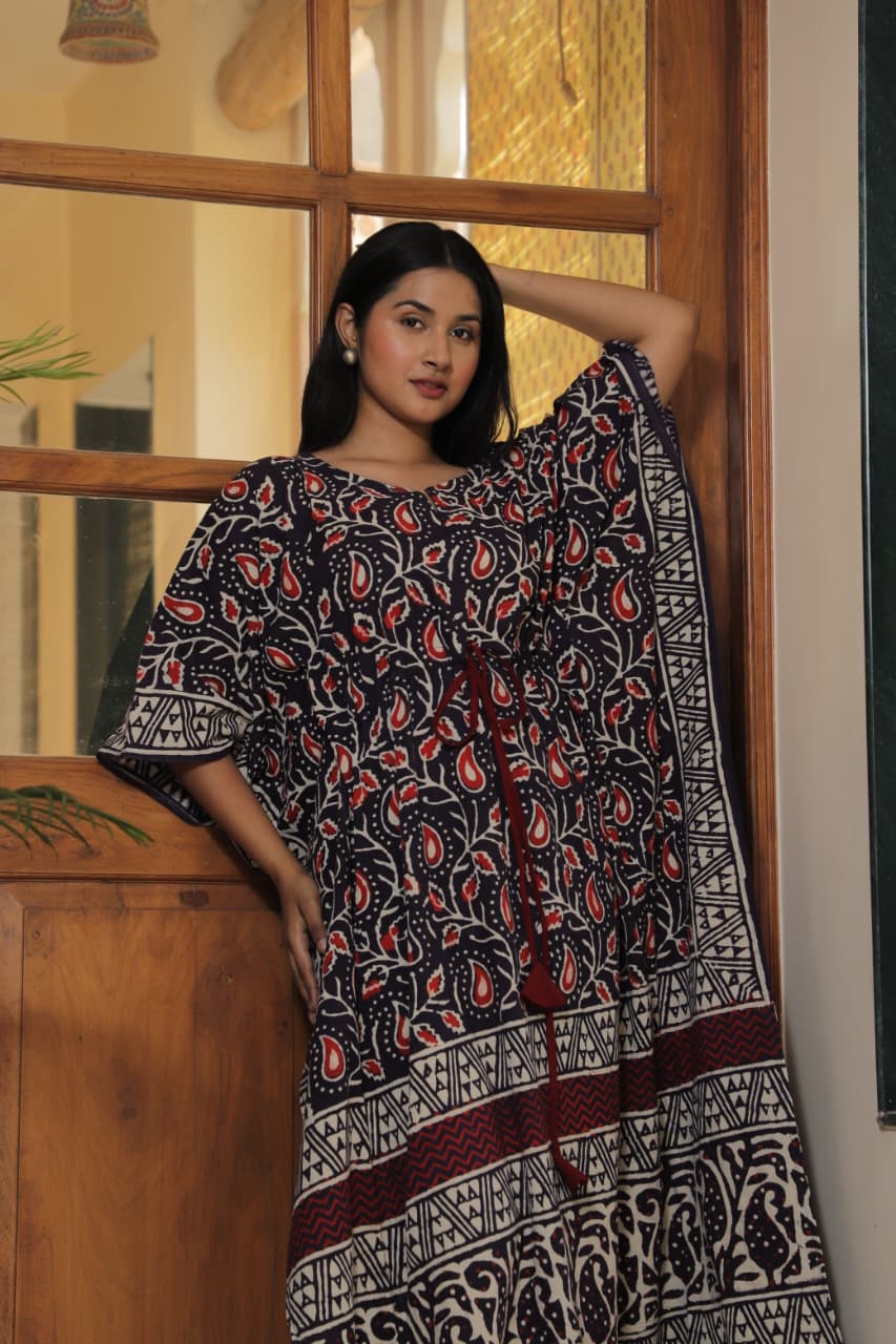 Red Paisley Handblock Cotton Kaftan – Ethnic Summer Wear