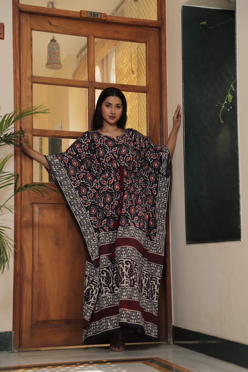 Red Paisley Handblock Cotton Kaftan – Ethnic Summer Wear