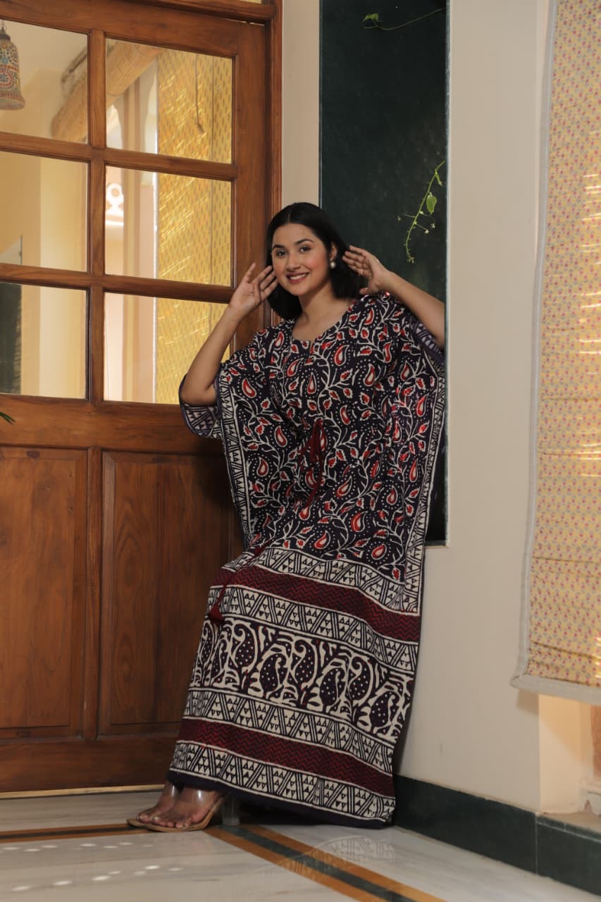 Red Paisley Handblock Cotton Kaftan – Ethnic Summer Wear