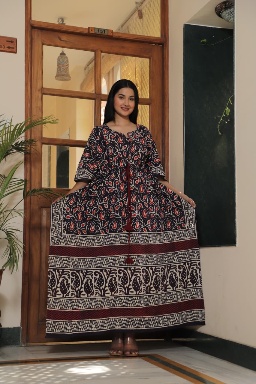 Red Paisley Handblock Cotton Kaftan – Ethnic Summer Wear