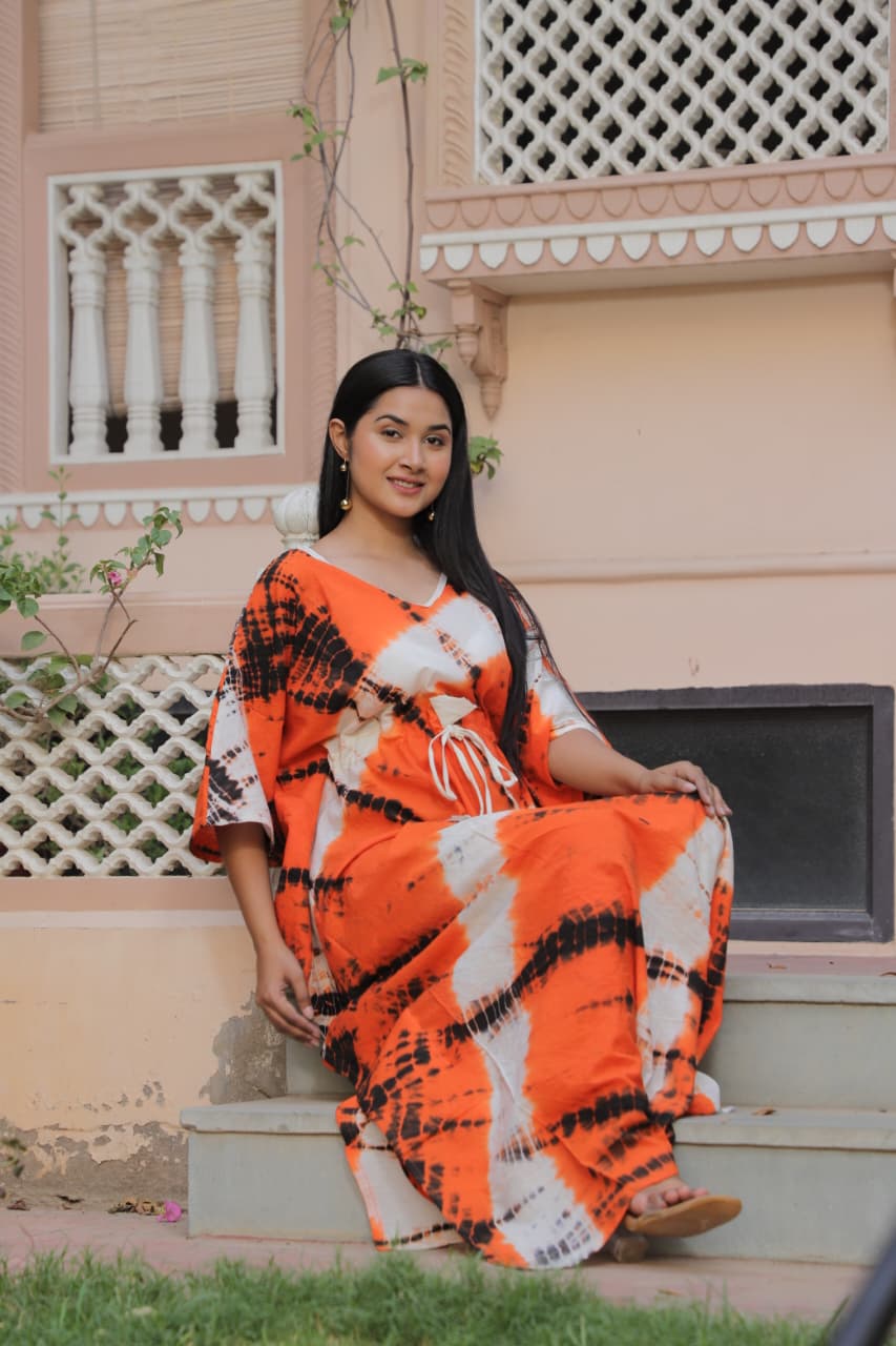 Orange Tie-Dye Cotton Kaftan – Handcrafted Summer Loungewear