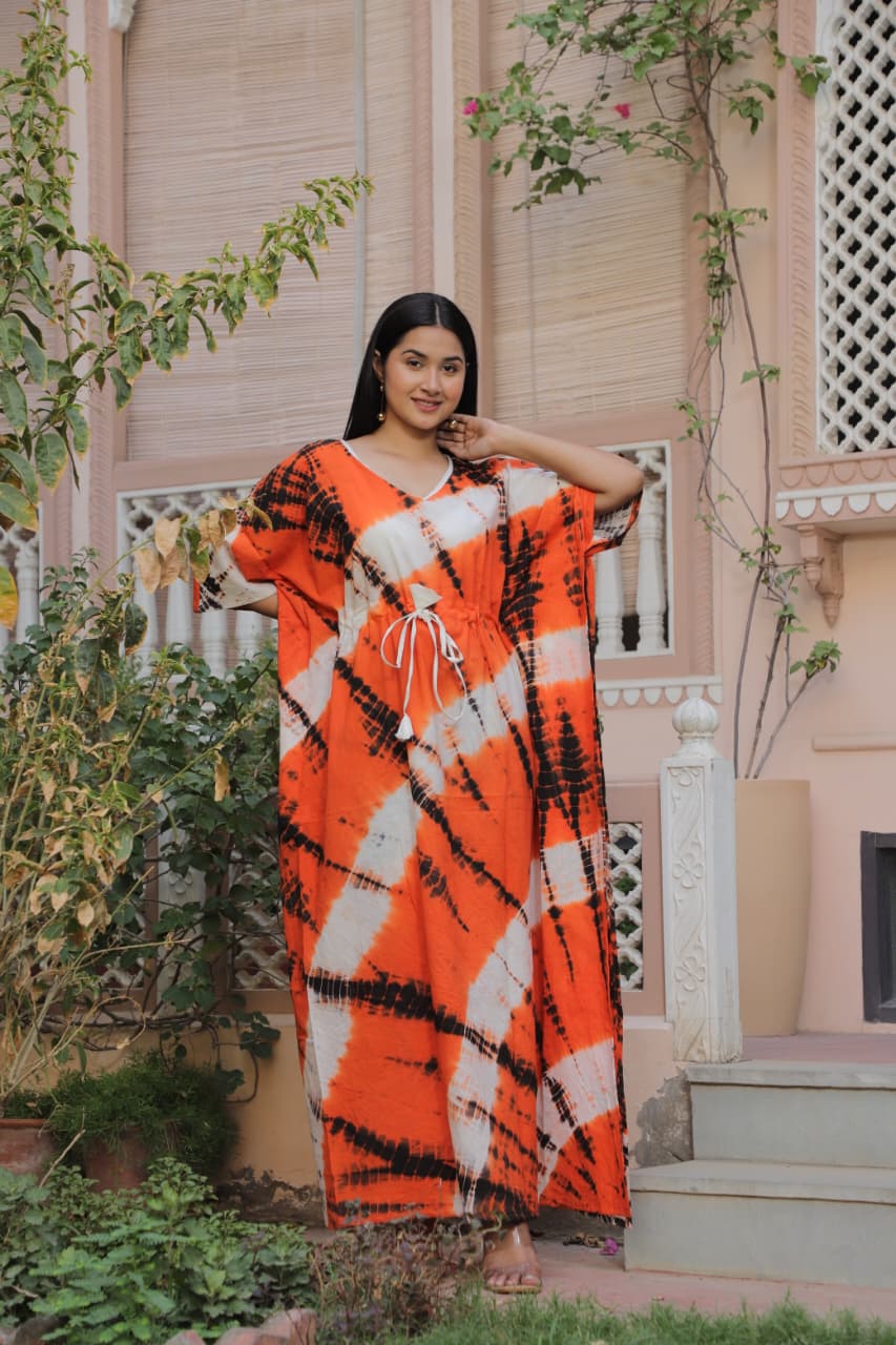 Orange Tie-Dye Cotton Kaftan – Handcrafted Summer Loungewear