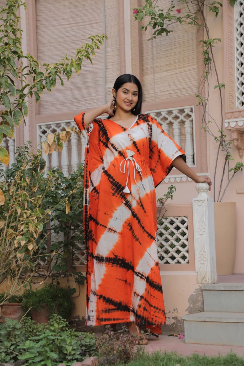 Orange Tie-Dye Cotton Kaftan – Handcrafted Summer Loungewear