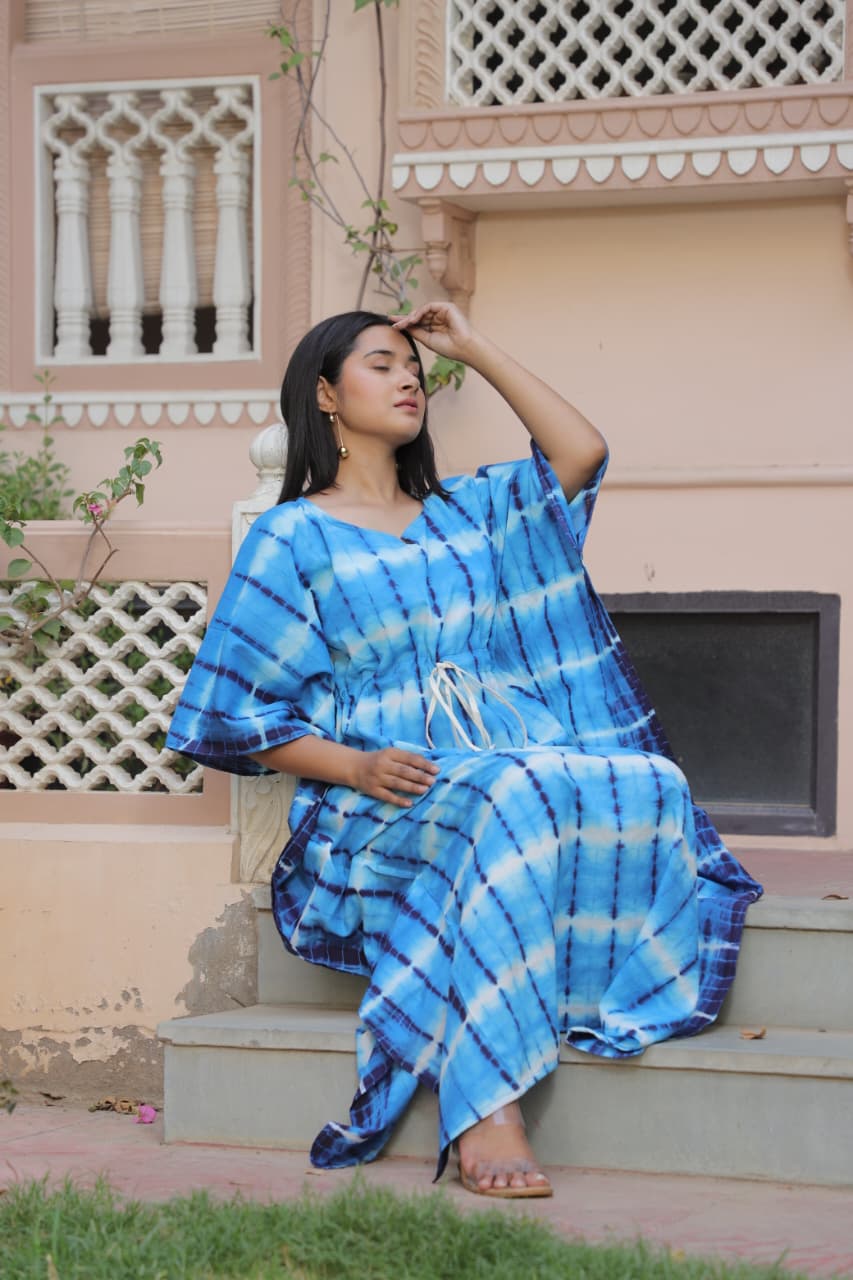 Blue Tie-Dye Cotton Kaftan – Free Size Pure Cotton Kaftan