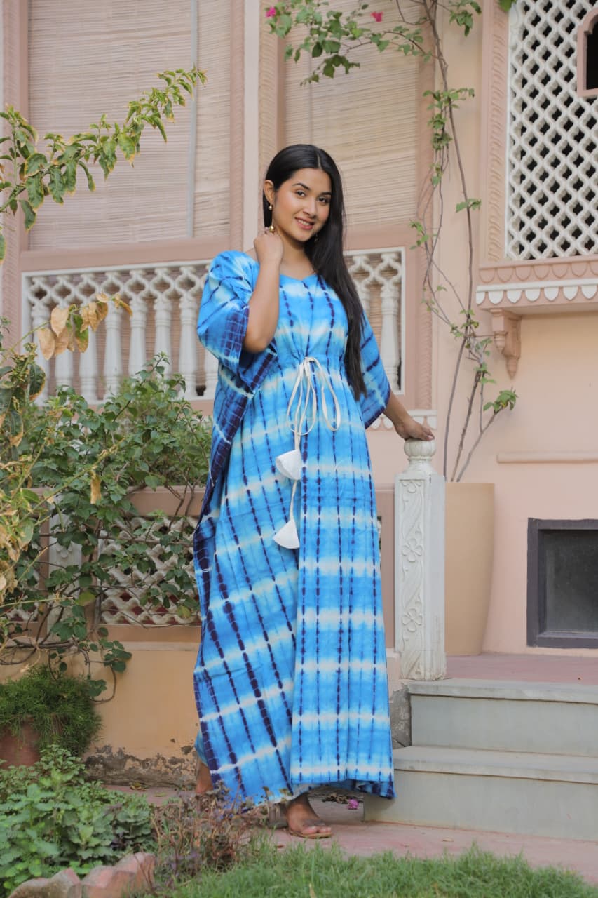 Blue Tie-Dye Cotton Kaftan – Free Size Pure Cotton Kaftan