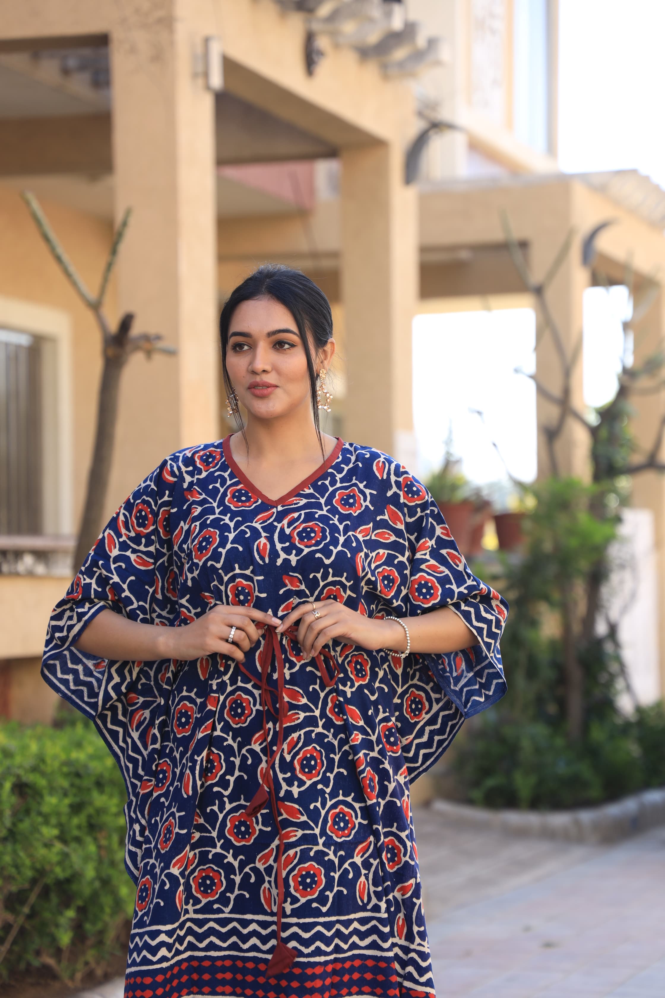 Navy Floral Handblock Cotton Kaftan – Stylish Summer Kaftan