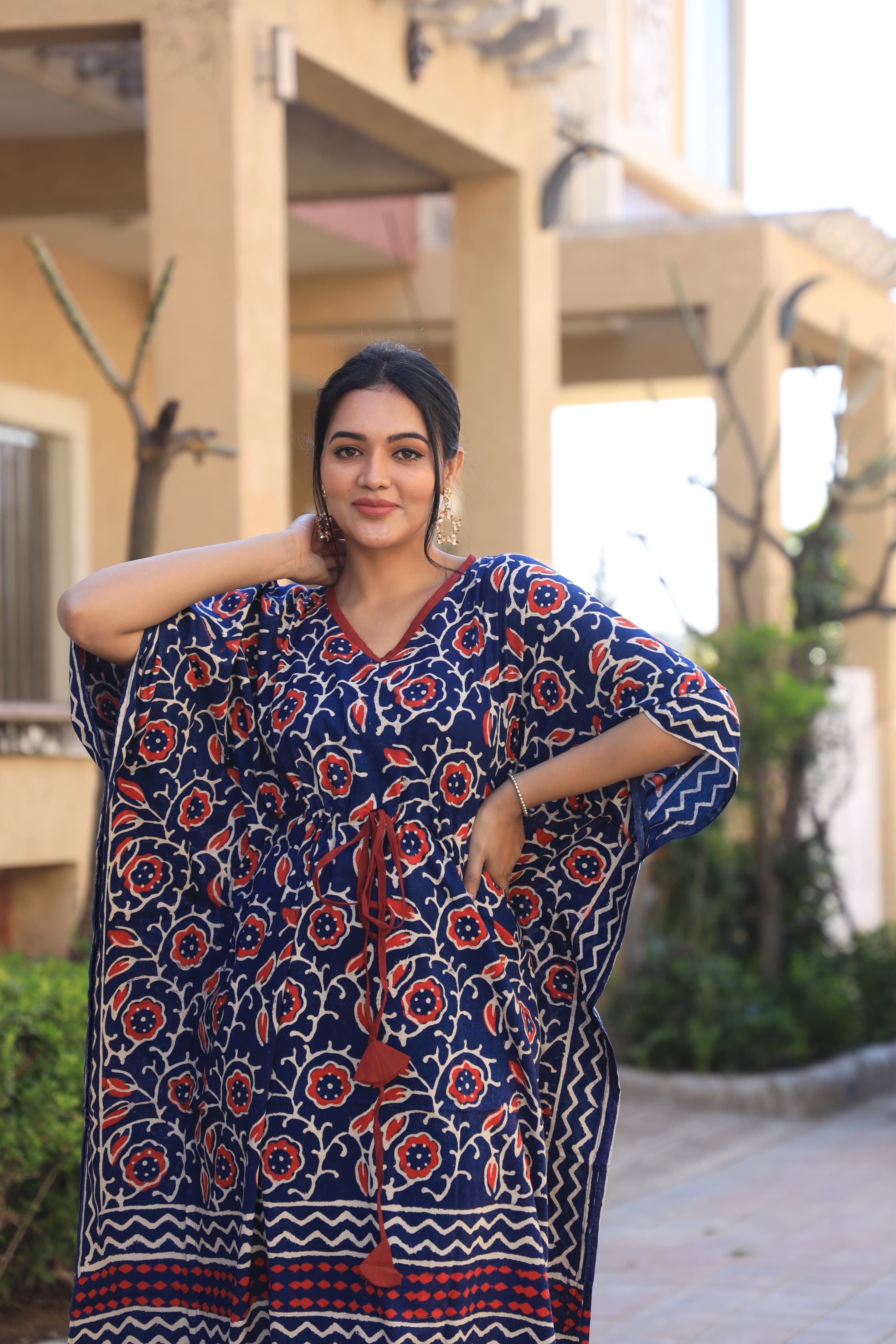 Navy Floral Handblock Cotton Kaftan – Stylish Summer Kaftan