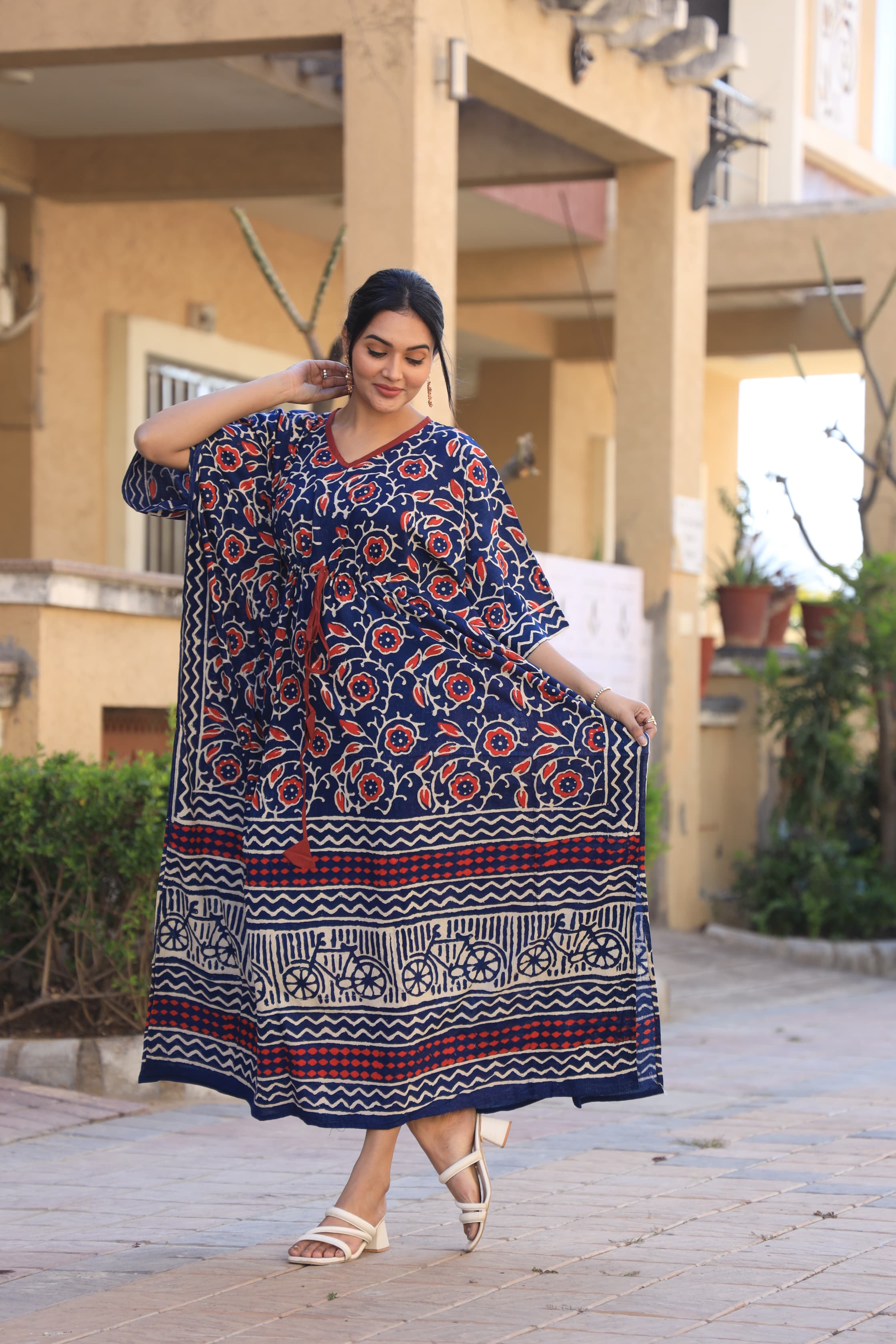 Navy Floral Handblock Cotton Kaftan – Stylish Summer Kaftan