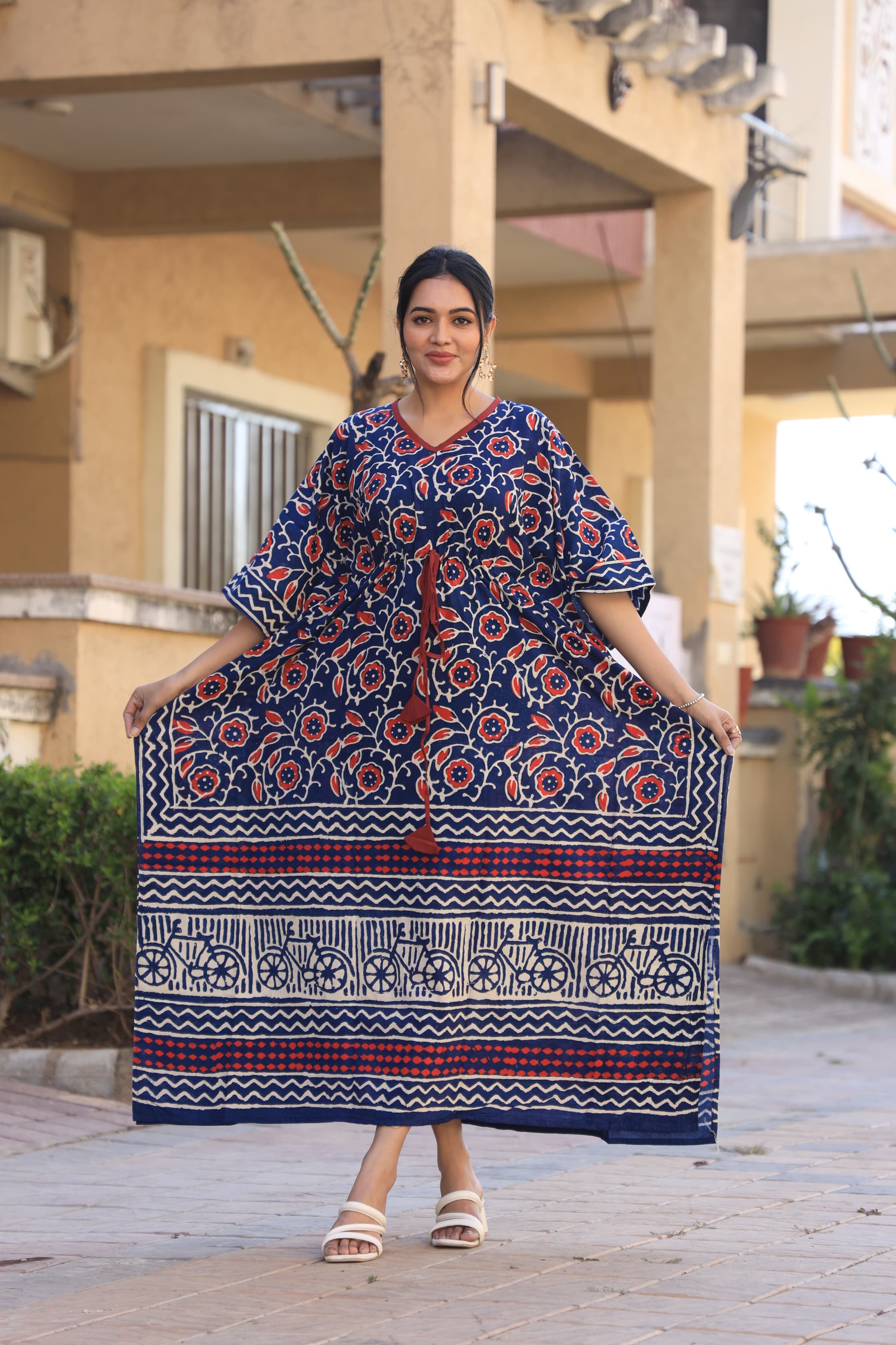 Navy Floral Handblock Cotton Kaftan – Stylish Summer Kaftan