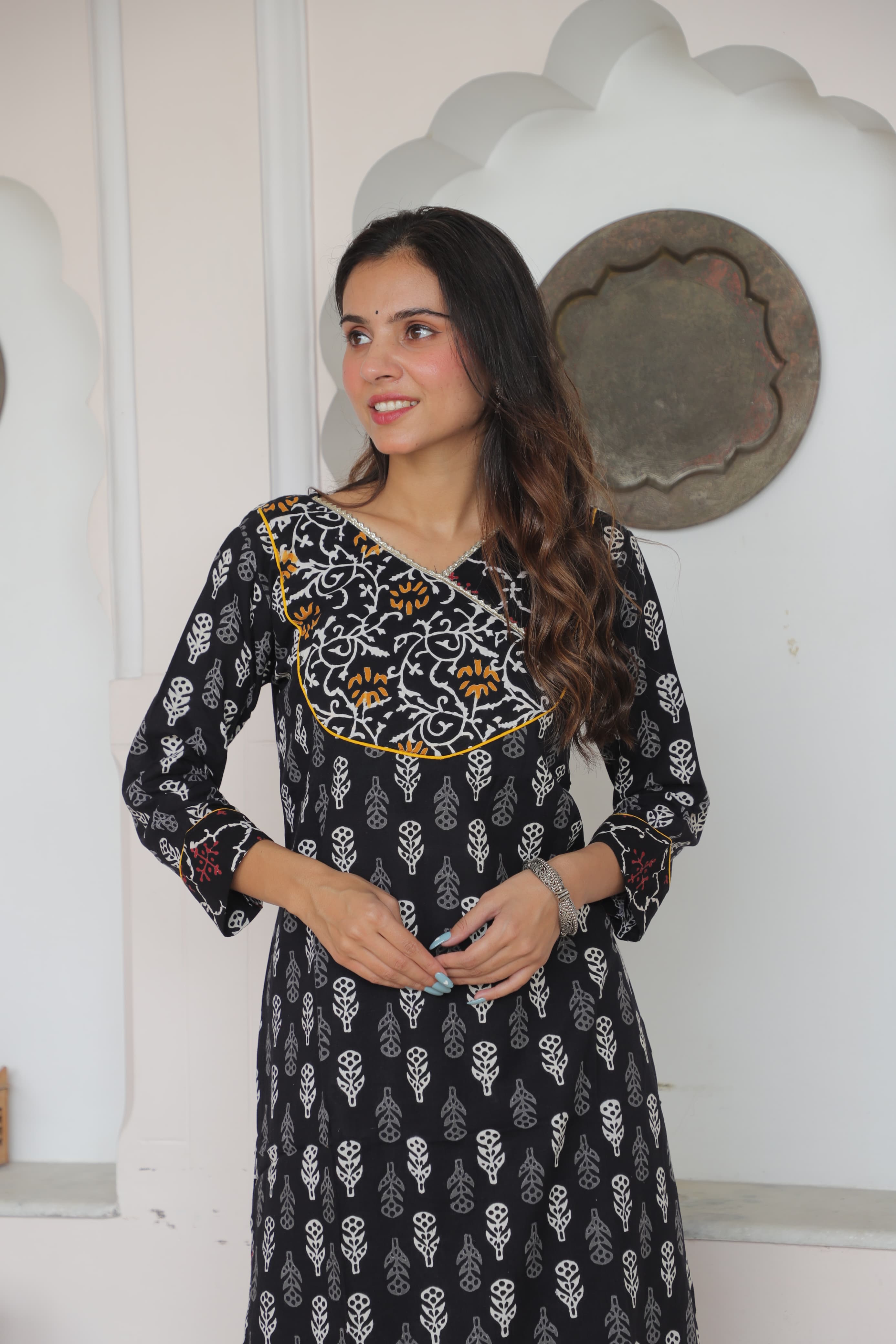 Black & Yellow Cotton Kaftan – Handblock Polka with Dupatta Style