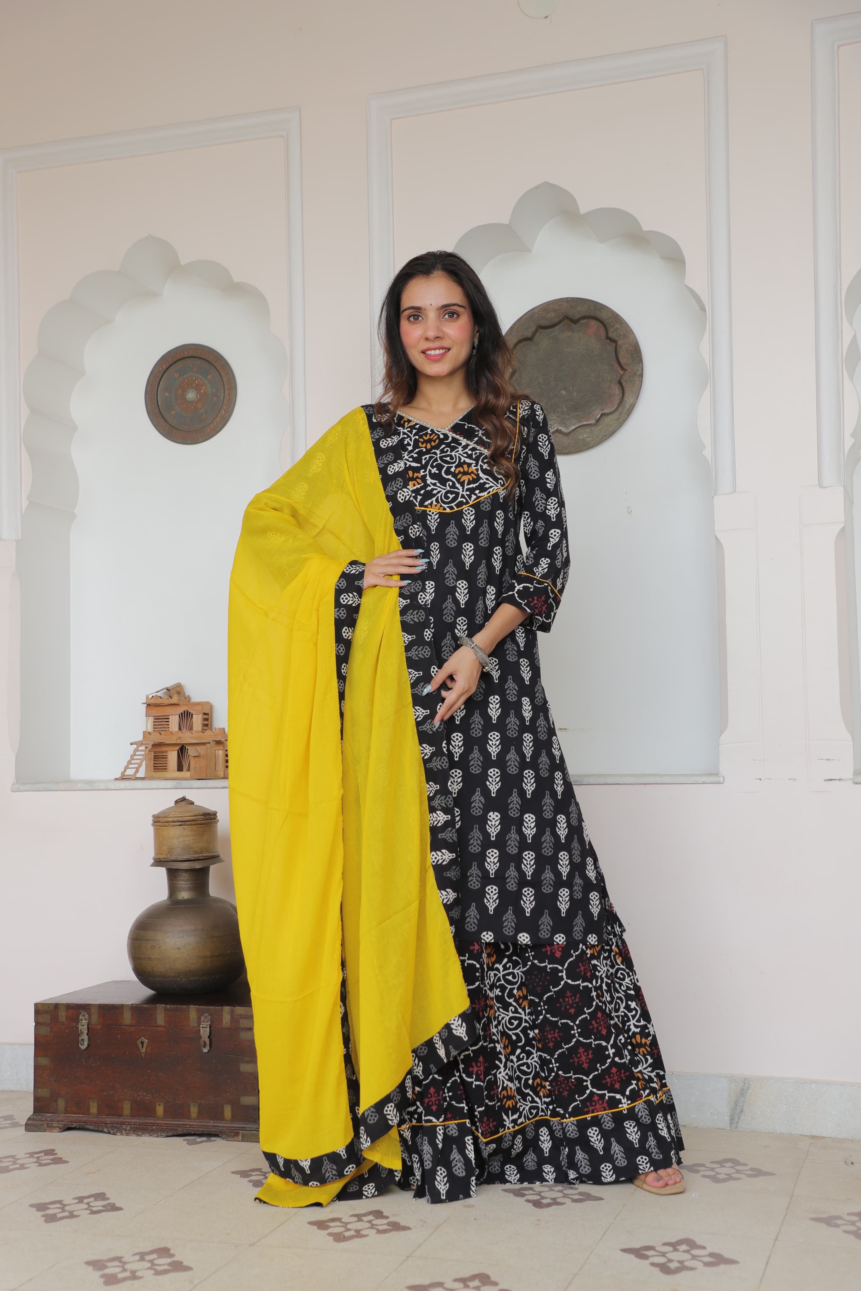 Black & Yellow Cotton Kaftan – Handblock Polka with Dupatta Style